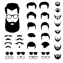 Creation vector set for hipster avatar with different haircuts, mustaches, beards and glasses isolated on white background.