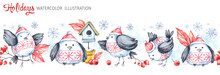 Watercolor Seamless Horizontal Garland. Funny Birds, Birdhouse, Berries, Leaves And Snowflakes. Cretive New Year. Christmas Illustration. Can Be Use In Winter Holidays Design, Posters, Invitation.