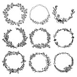 Fototapeta  - Hand drawn vector set of floral wreaths