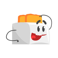 Canvas Print - Funny toaster character with smiling face, humanized home electrical equipment vector Illustration