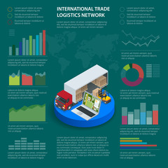 Wall Mural - Infographics with data icons, world map charts and design elements of International trade logistics network infographic vector illustration with isometric vehicles for cargo transport