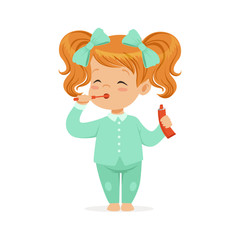 Sticker - Beautiful cartoon redhead girl in a light blue pajamas brushing her teeth, kids dental care vector Illustration