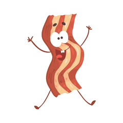 Sticker - Cute cartoon fried bacon with smiley face, funny fast food character vector Illustration