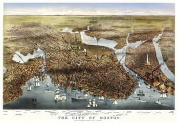 Boston, Massachusetts, old aerial view. By Parsons & Atwater, Ed. Currier & Yves, New York, 1873