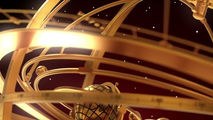 Wall Mural - armillary sphere and zodiac signs on red background. 3d animation.