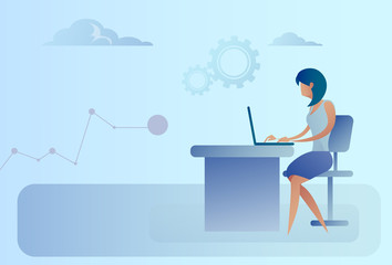 Poster - Abstract Business Woman Sitting At Office Desk Working Laptop Computer Vector Illustration