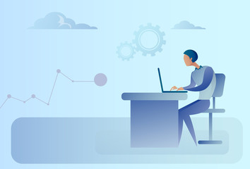 Poster - Abstract Business Man Sitting At Office Desk Working Laptop Computer Vector Illustration
