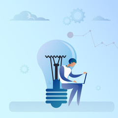 Poster - Abstract Business Man Sitting Light Bulb Working Laptop Computer Creative Idea Concept Vector Illustration