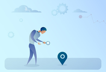 Poster - Business Man Searching For Destination On Digital City Map Gps Navigation Concept Vector Illustration