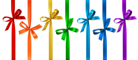 vector set of decorative bows with vertical ribbon isolated on white.