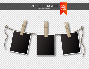 Wall Mural - Set of photo frames with clothespin on a transparent background. Vector illustration.