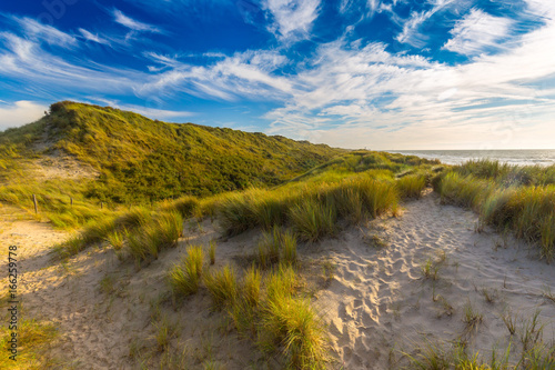 North Sea sand dunes in De Haan, Belgium at sunset - Buy this stock ...