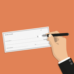 Poster - Businessman hand holding pen with bank check