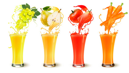 Set of fruit juice splash in a glass. Grapes, pear, carrot and tomato. Vector