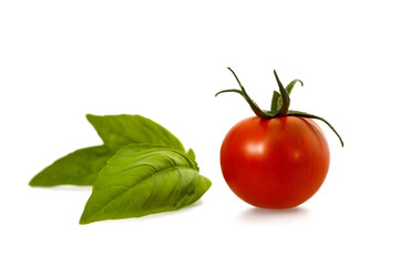 Sticker - Fresh tomato and basil isolated on white background