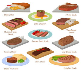 Different beef steak raw meat food red fresh cut butcher uncooked barbecue bbq slice ingredient vector illustration