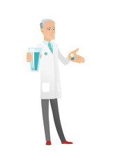 Poster - Senior pharmacist giving pills and glass of water.