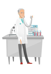 Poster - Senior caucasian doctor holding a stethoscope.