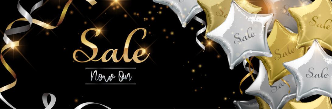 Sale now on background with silver and gold star shaped balloons. Vector illustration.Wallpaper.flyers, invitation, posters, brochure, banners
