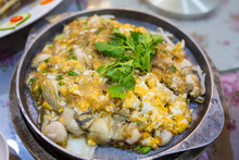 Chinese Oyster Omelette On The Hot Pan, Chinese Food In Thailand.
