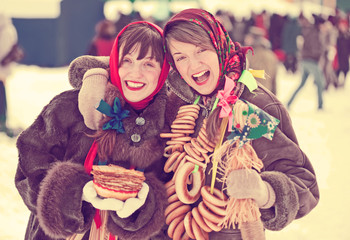 Wall Mural - happy girls plays during Shrovetide