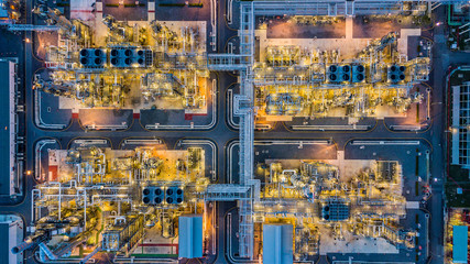 Aerial view by drone, Oil and gas refinery power and energy for crowd people in the city, Business refinery plant, Refinery factory fuel chemical industry.