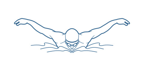 Wall Mural - Swimming butterfly, man swimming outline graphic vector