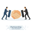 © hvostik16 - Handshake concept. Business meeting. Two businessmen in suits push a handshake, as symbol of successful deal, partnership. Vector illustration flat design isolated on background. Professional people.
