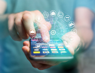 Poster - Home button of a technology interface surrounded by application - technology app concept