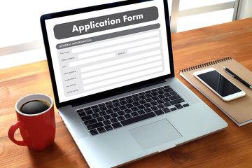 Poster - business man working on laptop computer use Online Web Job Application Form moniter