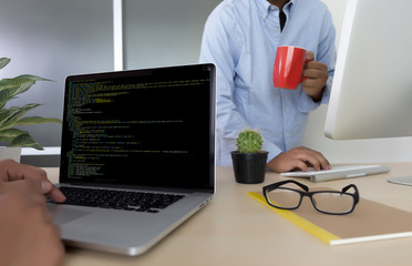 Fototapete - Developer Team Working Laptop Computer Mobile Application Softwareand Web Design Online Technology Content script to display
