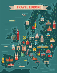 Wall Mural - Europe travel map poster. Travel and tourism background. Vector illustration