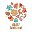 Merry christmas and happy new year vector banner. Gingerbread cookies concept. Different winter elements: snowflakes, gingerbread man, christmas tree, gloves, Santas deer, Santas hat and other