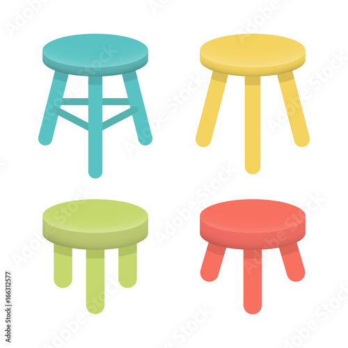 Different stool with three legs vector set. Colorful three legged stool