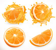 Orange juice. Fresh fruit and splashes. 3d realism, vector icon set
