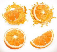 Orange Juice. Fresh Fruit And Splashes. 3d Realism, Vector Icon Set