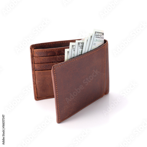 Fotografía Brown wallet with money isolated on white