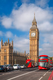 Fototapeta Londyn - London with red buses against Big Ben in England, UK