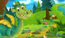 Cartoon Background Of A Dragon In The Forest - Illustration For Children