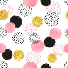 Seamless Dotted Pattern With Pink, Black And Golden Circles. Vector Abstract Background With Round Shapes.