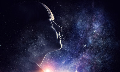 Wall Mural - girl on starry sky. mixed media