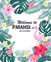 A Tropical Card With Palm Leaves, Flamingo And Exotic Flowers.. Vector