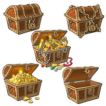 Open And Closed Pirate Treasure Chests, Locked, Empty, Full Of Coins And Jewelry, Hand Drawn Cartoon Vector Illustration Isolated On White Background. Set Of Hand Drawn Treasure Chests, Full And Empty