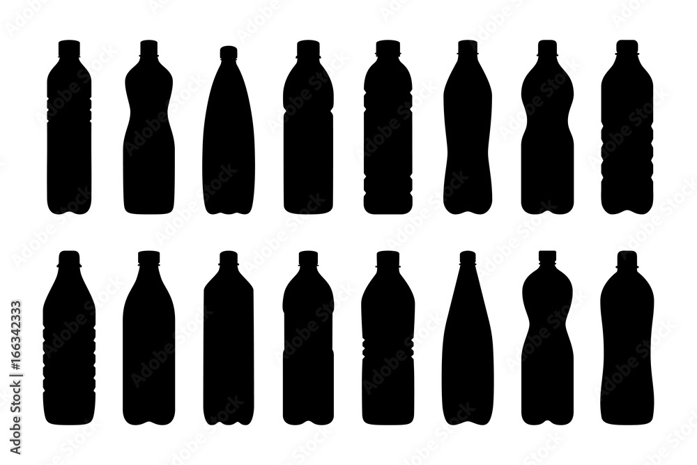 Set of silhouettes of water bottles, vector illustration - obrazy, fototapety, plakaty 