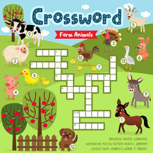 Crosswords Puzzle Game Of Farm Animals For Preschool Kids Activity Worksheet Colorful Printable Version. Vector Illustration.