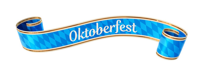 Wall Mural - Curled blue ribbon banner with diamond pattern and gold border - Oktoberfest