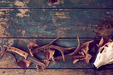 Wall Mural - hunting concept with antlers, knife, skull
