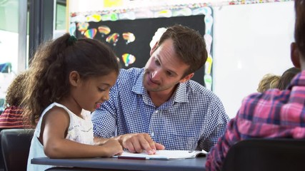 Wall Mural - Teacher and young schoolgirl looking at notebook in class