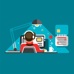 Wall Mural - Office worker at his desk, back view. Cool vector flat design illustration with man working on desktop computer.