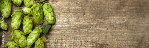Cuadros en Lienzo Fresh green hops on a wooden table closeup